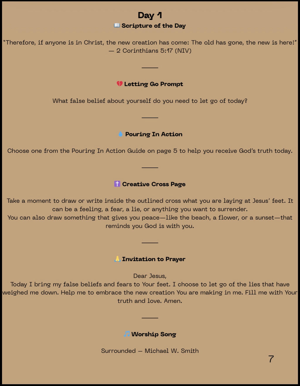 Day One devotional page with scripture, worship song, prayer, and letting go prompt