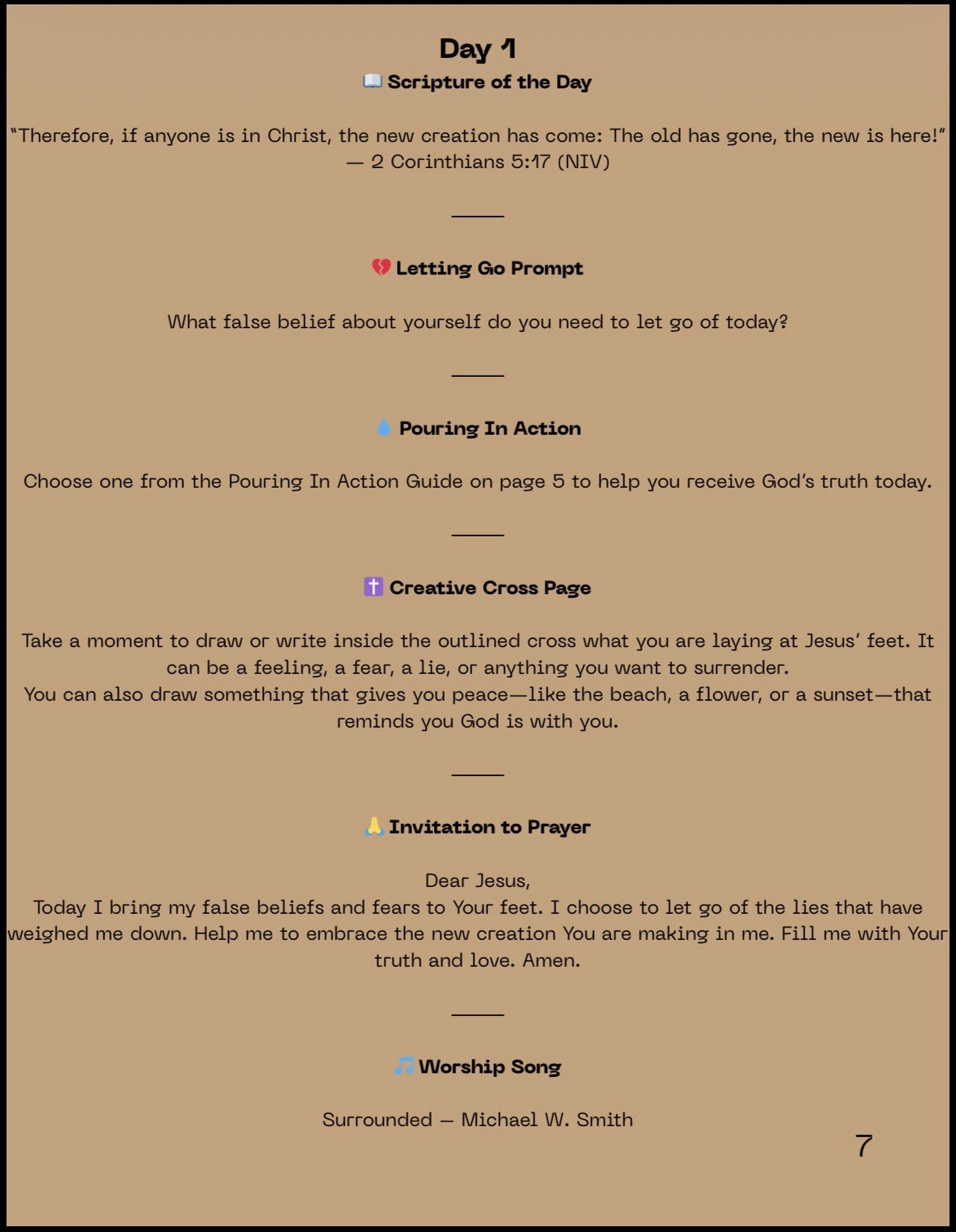 Day One devotional page with scripture, worship song, prayer, and letting go prompt