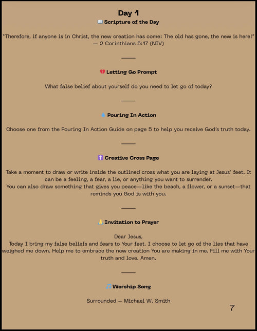 Day One devotional page with scripture, worship song, prayer, and letting go prompt